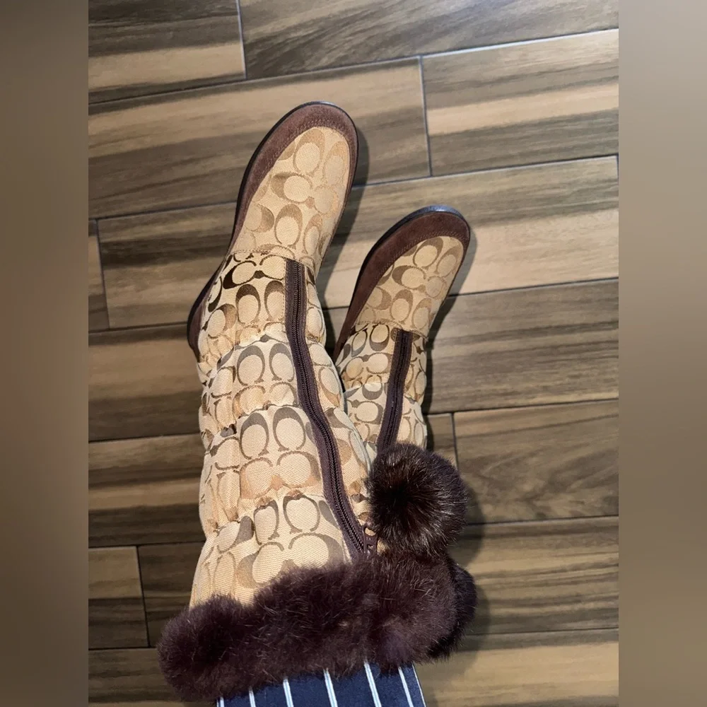 Coach Theona Y2K Signature Monogram Jacquard Rabbit Fur Brown Women’s Boots 8.5